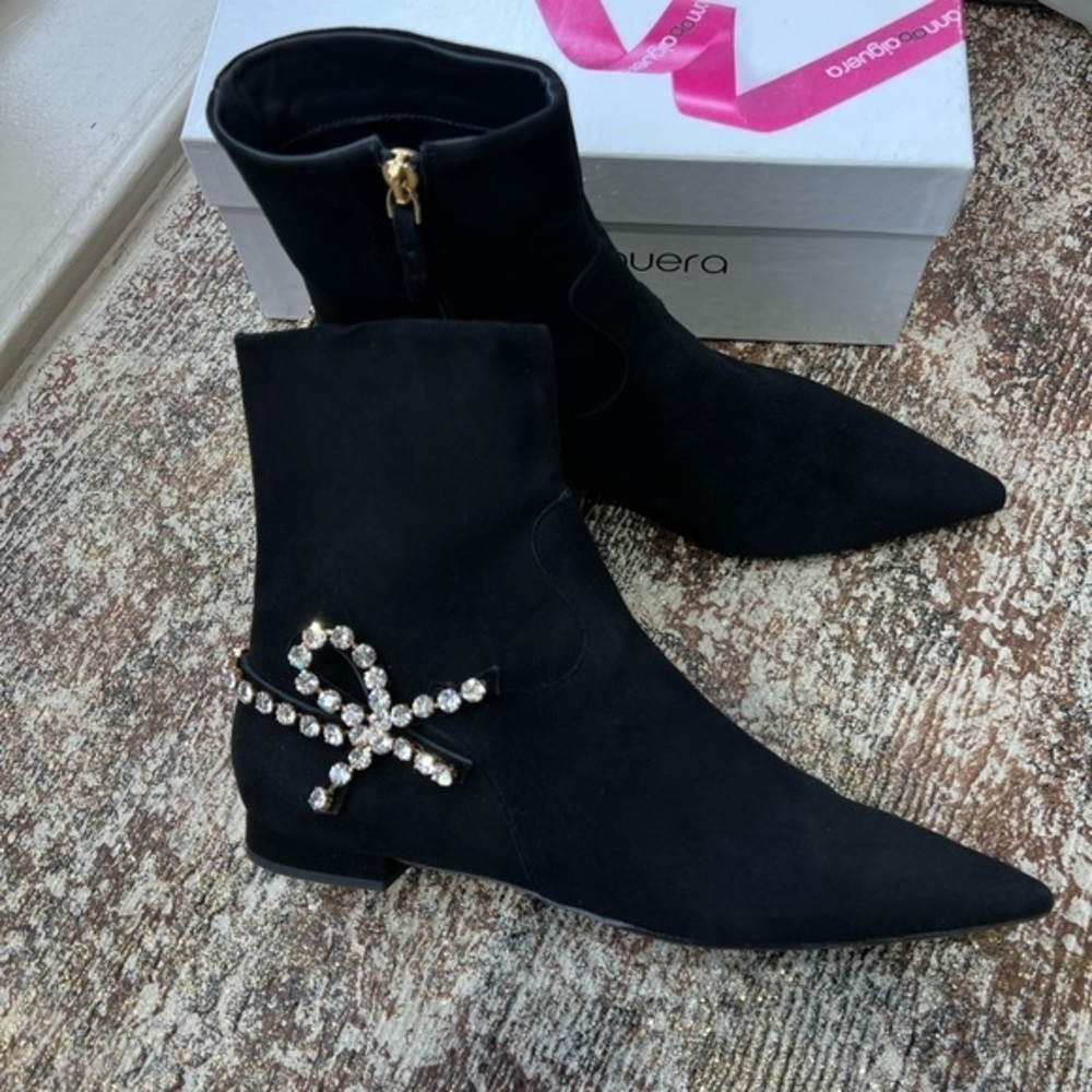Anna Baiguera Rhinestone Bow Ankle Boots Black Suede EU 40 Made Italy